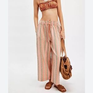 Free People Orange Striped Wide Leg High Waist Cotton Linen Blend Pants XS Boho